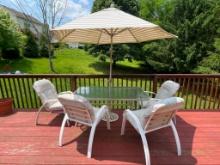 Outdoor Table with 4 Chairs and Umbrella / Cast Iron Stand
