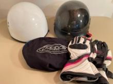Pair of Motorcycle Helmets and Pair of Riding Gloves