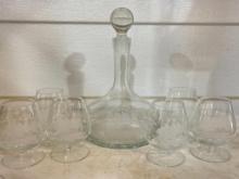 Decanter and Glasses with Sailing Ship Accents