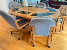 Vintage Oak Table with Glass Accents and 5 Mis-Matched Chairs