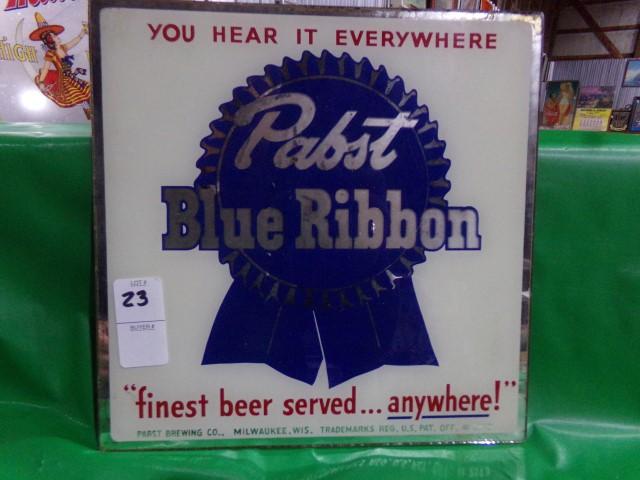 PABST BLUE RIBBON ADVERTISING WITH MIRROR BACK APPROX 10" X 10" MADE BY HAL