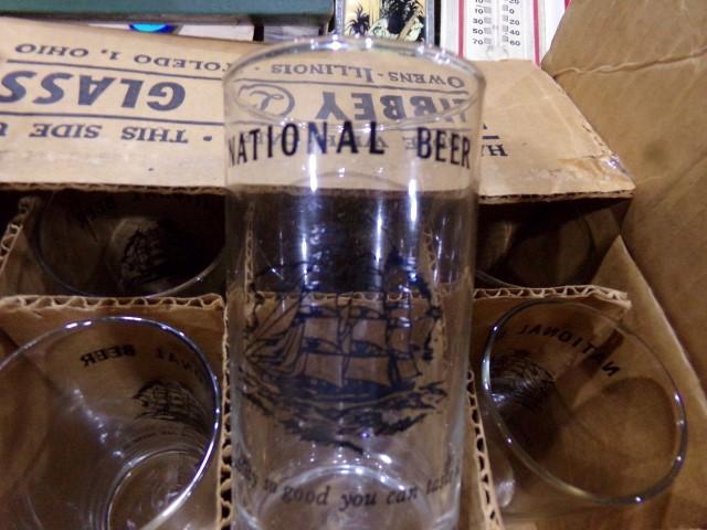 BOX OF NATIONAL BEER GLASSES IN ORIGINAL BOX APPROXIMATELY 12