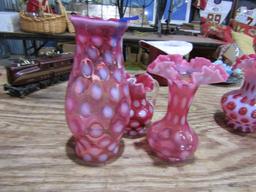 3 PC PINK OPALESCENT FLUTED VASES AND OCTAGON