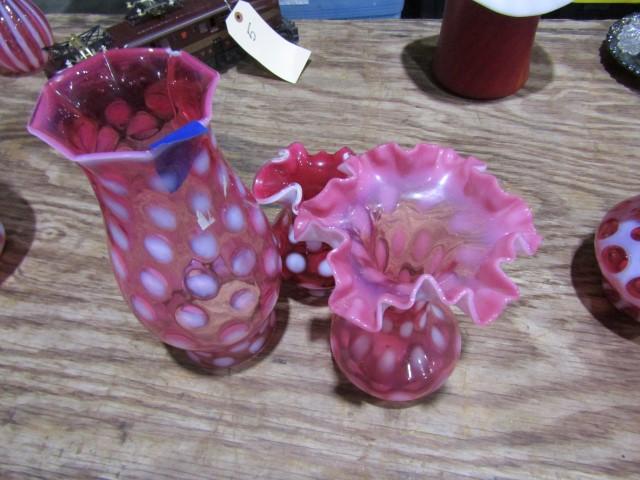 3 PC PINK OPALESCENT FLUTED VASES AND OCTAGON