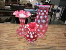3 PC PINK OPALESCENT FLUTED VASES AND OCTAGON