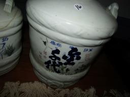 PAIR ORIENTAL WATER JUGS STORK DESIGN APPROX 4 AND 3 GALLON SIZE
