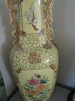 LARGE ORIENTAL VASE YELLOW WITH FLORAL DESIGN SQUARE TOP WITH DAMAGE