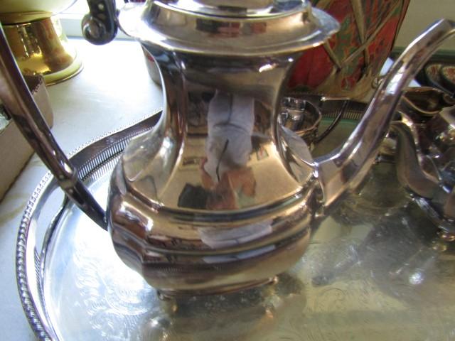 SILVER PLATE SHEFFIELD COFFEE AND TEA SERVICE ON LARGE TRAY