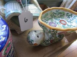 COLLECTION ORIENTAL STYLE MONKEY BOWLS VASES AND BISCUIT JAR