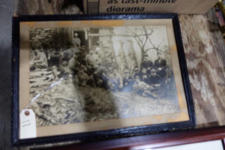 VERY EARLY BLACK AND WHITE PHOTO DEER HUNTING CAMP FRAMED APPROX 22 X 16