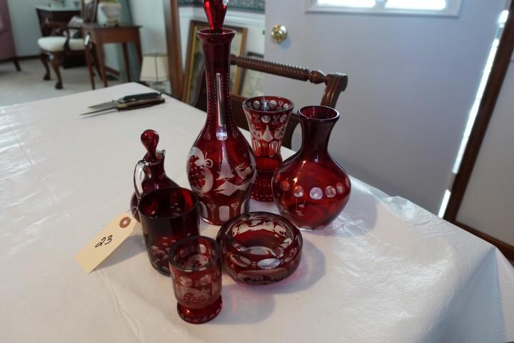 LOT OF CRANBERRY GLASS INCLUDING DECANTERS CRUET VASES TOOTHPICK HOLDER ASH