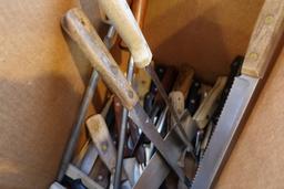 BOX LOT CUTTERY BUTCHER KNIVES SHARPENING STEELS AND MORE