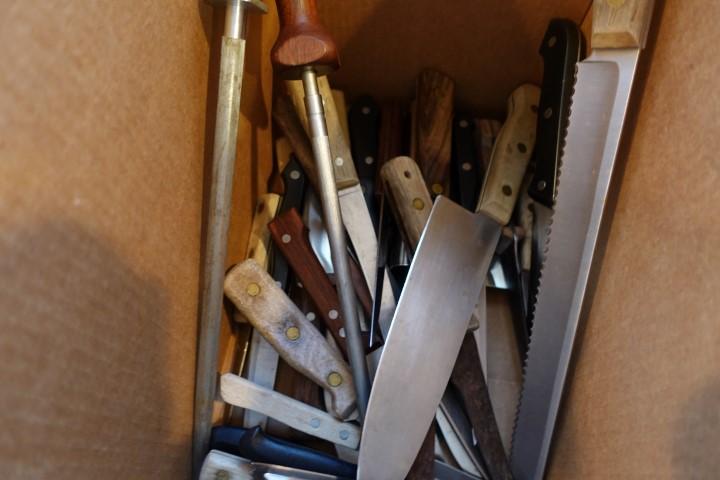 BOX LOT CUTTERY BUTCHER KNIVES SHARPENING STEELS AND MORE