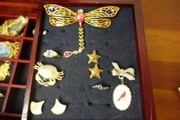JEWELRY BOX FULL COSTUME JEWELRY INCLUDING RINGS EARRINGS NECKLACES AND PIN