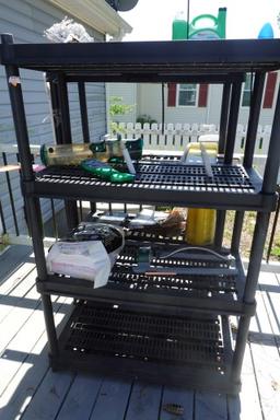 2 4 TIER PLASTIC SHELF UNITS WITH CONTENTS BIRD FEEDERS SPRINKLERS CLEANING