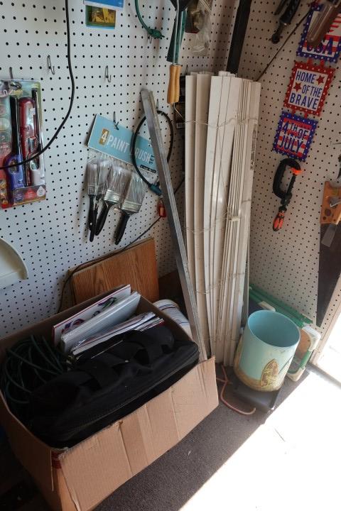 CORNER WALL LOT PAINT BRUSHES LIGHTERS SAW GLOVES BOXES AND MORE