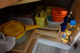 CABINET LOT INCLUDING FLATWARE DRY CONTAINERS COOKWARE AND PLASTIC STORAGE