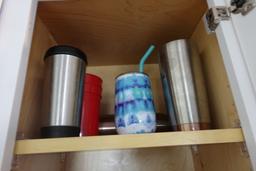 CABINET LOT INCLUDING STAINLESS STEEL TUMBLERS CUPS ETC