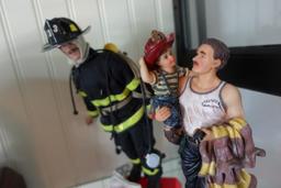 SHELF LOT INCLUDING 911 DISPLAY FIREMAN FIGURINES AND ELVIS BUST