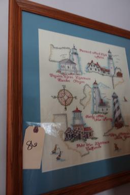 NEEDLE POINT OF LIGHTHOUSES FRAMED UNDER GLASS 21 X 22