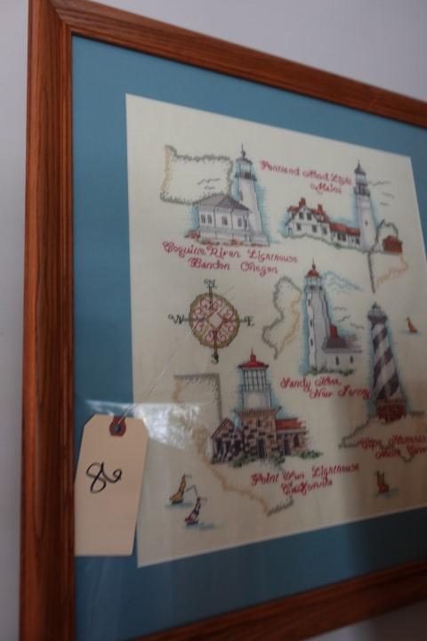 NEEDLE POINT OF LIGHTHOUSES FRAMED UNDER GLASS 21 X 22