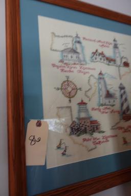 NEEDLE POINT OF LIGHTHOUSES FRAMED UNDER GLASS 21 X 22