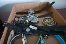 BOX WITH 8 WRIST WATCHES AND MENS JEWELRY