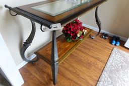 CONSOLE TABLE WROUGHT IRON WITH INLAY WITH BEVEL GLASS TOP APPROX 48 X 20 X