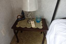 BENCH WITH BASKET WEAVE SEAT AND CONTENTS LIGHTHOUSE CLOCK BLUE VASE LAMP E