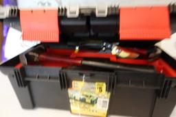 TOOL BOX FULL OF TOOLS INCLUDING HAMMERS SCREW DRIVERS PLIERS DRILL BITS AL