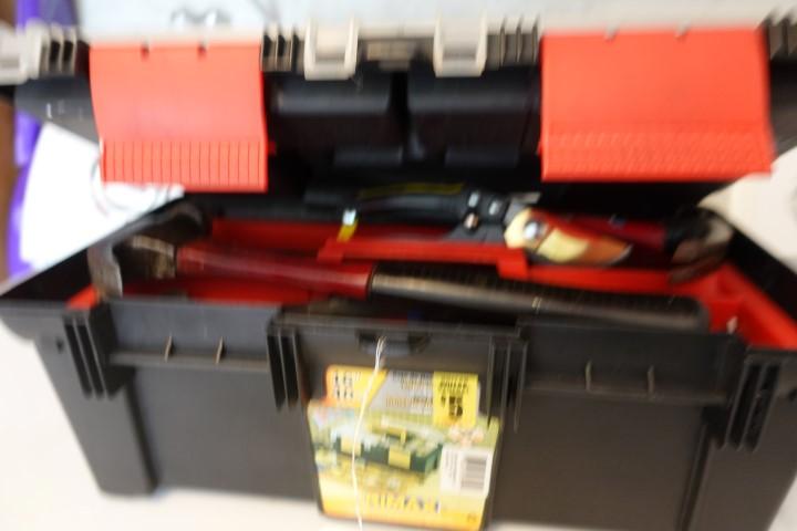 TOOL BOX FULL OF TOOLS INCLUDING HAMMERS SCREW DRIVERS PLIERS DRILL BITS AL