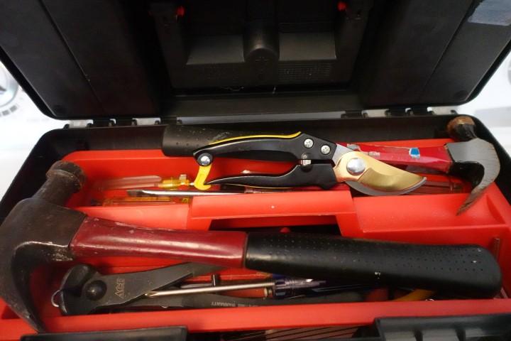 TOOL BOX FULL OF TOOLS INCLUDING HAMMERS SCREW DRIVERS PLIERS DRILL BITS AL