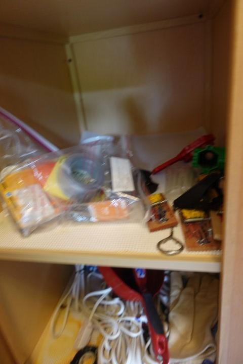CONTENTS OF CABINET INCLUDING HARDWARE PICTURE HANGERS EXT CORDS WORK GLOVE