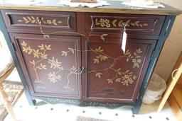 HAND PAINTED CONSOLE CHEST WITH 2 DRAWERS AND 2 DOORS WITH CONTENTS 41 X 11