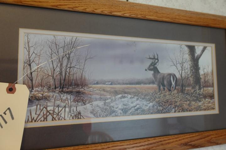 FRAMED UNDER GLASS PRINT BUCK IN FIELD 12 X 20