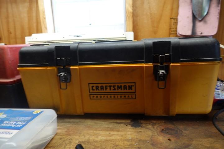 CRAFTSMAN TOOL BOX WITH HAND TOOLS HAMMERS SCREWDRIVERS PRY BARS TACKLE BOX