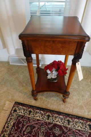 PLANT STAND WITH CARVED CORNERS AND FEET WITH ARTIFICIAL FLOWERS