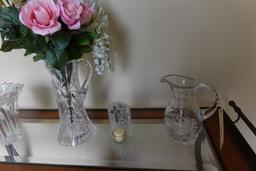 CONTENTS OF TABLE INCLUDING VASE PITCHERS AND FLOWERS