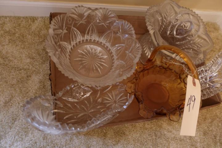 BOX OF PRESSED GLASS SERVING BOWLS AND DISHES AND HANDLED BASKET