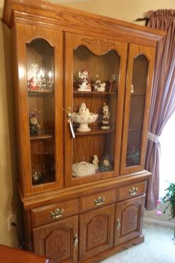 OAK CHINA HUTCH LIGHTED WITH GLASS SHELVES 2 PC 43 X 15 X 75