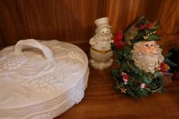 CONTENTS OF HUTCH INCLUDING CHRISTMAS DECORATIONS COVERED SERVING PCS LINEN