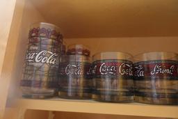 CONTENTS OF THREE CABINETS AND ONE DRAWER INCLUDING COCA COLA GLASSES COFFE