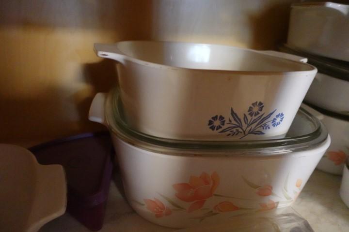 CONTENTS OF 6 CABINETS INCLUDING POTS CASSEROLE DISHES CORNING WARE AND STO