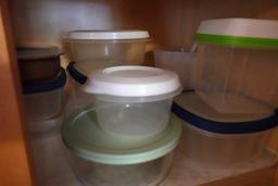 CONTENTS OF 6 CABINETS INCLUDING POTS CASSEROLE DISHES CORNING WARE AND STO