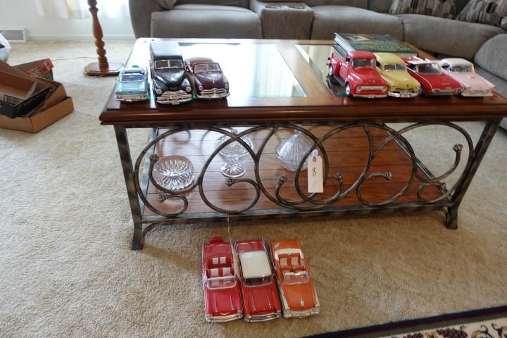 OAK NATURAL FINISH TABLE WITH WROUGHT IRON AND BEVELED GLASS TOP APPROX 47