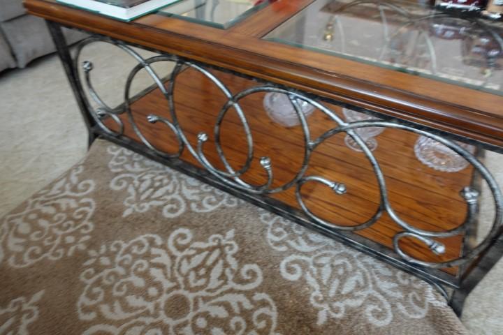 OAK NATURAL FINISH TABLE WITH WROUGHT IRON AND BEVELED GLASS TOP APPROX 47