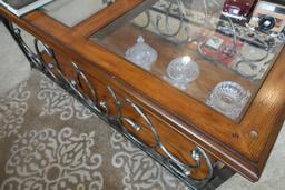OAK NATURAL FINISH TABLE WITH WROUGHT IRON AND BEVELED GLASS TOP APPROX 47