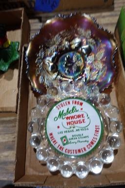 CARNIVAL GLASS FLUTED BOWL AND ASHTRAY INSCRIBED STOLEN LAS VEGAS