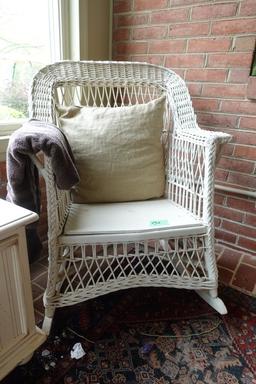 ANTIQUE WICKER END TABLE TOP MEASURES 22 X 23 AND ANTIQUE WICKER ROCKER