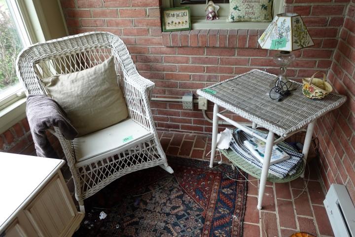 ANTIQUE WICKER END TABLE TOP MEASURES 22 X 23 AND ANTIQUE WICKER ROCKER